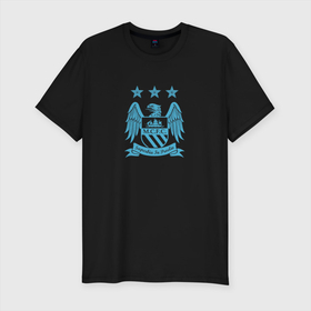 Мужская футболка хлопок Slim с принтом ManCity Blue Cotton Theme в Белгороде, 92% хлопок, 8% лайкра | приталенный силуэт, круглый вырез ворота, длина до линии бедра, короткий рукав | Тематика изображения на принте: city | manchester | manchester city | mcfc | uk | английский футбол | англия | апл | бернардо силва | гвардиола | горожане | лига чемпионов | манчестер | манчестер сити | сити | фанаты | футбол
