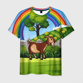 Мужская футболка 3D с принтом Козовод на Лужайке , 100% полиэфир | прямой крой, круглый вырез горловины, длина до линии бедер | деревня | коза | козовод | природа | радуга | село