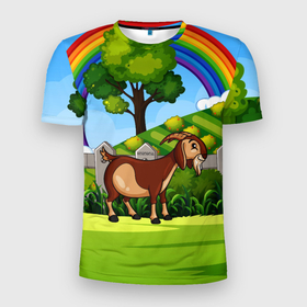 Мужская футболка 3D спортивная с принтом Козовод на Лужайке в Тюмени, 100% полиэстер с улучшенными характеристиками | приталенный силуэт, круглая горловина, широкие плечи, сужается к линии бедра | деревня | коза | козовод | природа | радуга | село