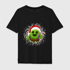 Мужская футболка хлопок Oversize с принтом Новогодний Спайк в шапочке в Новосибирске, 100% хлопок | свободный крой, круглый ворот, “спинка” длиннее передней части | Тематика изображения на принте: brawlstars | newyear | бравл старс | новогодний спайк | спайк