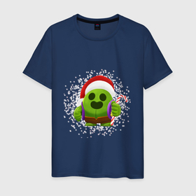 Мужская футболка хлопок с принтом Новогодний Спайк в шапочке в Новосибирске, 100% хлопок | прямой крой, круглый вырез горловины, длина до линии бедер, слегка спущенное плечо. | Тематика изображения на принте: brawlstars | newyear | бравл старс | новогодний спайк | спайк