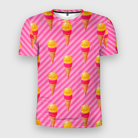 Мужская футболка 3D Slim с принтом Сладкое мороженое паттерн в Белгороде, 100% полиэстер с улучшенными характеристиками | приталенный силуэт, круглая горловина, широкие плечи, сужается к линии бедра | ice | мороженое | паттерн | сладкое | сладость | эскимо