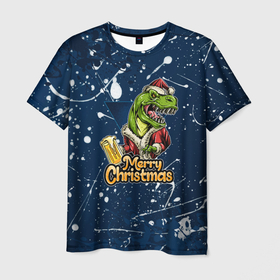 Мужская футболка 3D с принтом Merry Christmas Пивозавр. , 100% полиэфир | прямой крой, круглый вырез горловины, длина до линии бедер | 2022 | happy new year | merry christmas | год тигра | дино | динозавр | зима близко | нг | новогодний | новый год | новый год 2022 | рождество | снежинки | тигр