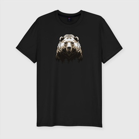 Мужская футболка хлопок Slim с принтом Медведь над лесом в Петрозаводске, 92% хлопок, 8% лайкра | приталенный силуэт, круглый вырез ворота, длина до линии бедра, короткий рукав | bear | the owner of the taiga | медведь | русский медведь | хозяин тайги