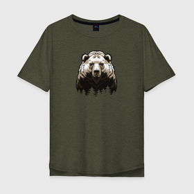 Мужская футболка хлопок Oversize с принтом Медведь над лесом в Петрозаводске, 100% хлопок | свободный крой, круглый ворот, “спинка” длиннее передней части | bear | the owner of the taiga | медведь | русский медведь | хозяин тайги