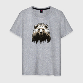 Мужская футболка хлопок с принтом Медведь над лесом в Санкт-Петербурге, 100% хлопок | прямой крой, круглый вырез горловины, длина до линии бедер, слегка спущенное плечо. | bear | the owner of the taiga | медведь | русский медведь | хозяин тайги
