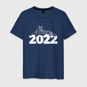 Мужская футболка хлопок с принтом Новогодний тигр 2022. White в Курске, 100% хлопок | прямой крой, круглый вырез горловины, длина до линии бедер, слегка спущенное плечо. | 2022 | happy new year | merry christmas | год тигра | зима близко | нг | новогодний | новогодний тигр | новый год | новый год 2022 | рождество | символ 2022 года | тигр