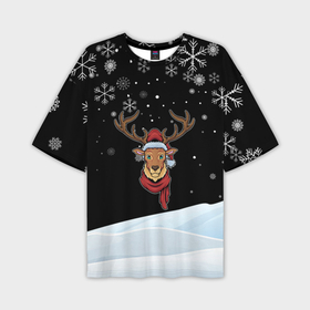 Мужская футболка OVERSIZE 3D с принтом Новогодний олень в зимнем шарфе в Екатеринбурге,  |  | 2022 | happy new year | merry christmas | год тигра | зима близко | нг | новогодний | новый год | новый год 2022 | олень | рождество | символ 2022 года | снег | снежинки