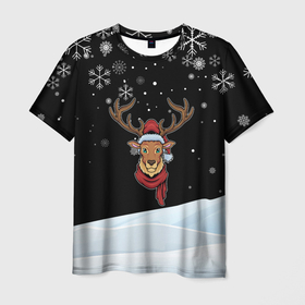 Мужская футболка 3D с принтом Новогодний олень в зимнем шарфе , 100% полиэфир | прямой крой, круглый вырез горловины, длина до линии бедер | 2022 | happy new year | merry christmas | год тигра | зима близко | нг | новогодний | новый год | новый год 2022 | олень | рождество | символ 2022 года | снег | снежинки