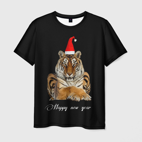 Мужская футболка 3D с принтом Новогодний тигр.. в Белгороде, 100% полиэфир | прямой крой, круглый вырез горловины, длина до линии бедер | happy new year | в топе | в тренде | год тигра | новый год | подарок | подарок на новый год | популярное | с новым годом | тигр