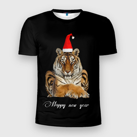 Мужская футболка 3D спортивная с принтом Новогодний тигр.. , 100% полиэстер с улучшенными характеристиками | приталенный силуэт, круглая горловина, широкие плечи, сужается к линии бедра | happy new year | в топе | в тренде | год тигра | новый год | подарок | подарок на новый год | популярное | с новым годом | тигр