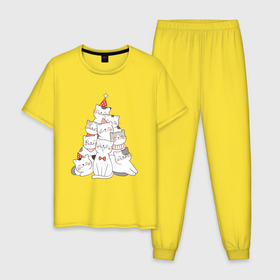 Мужская пижама хлопок с принтом НОВОГОДНЯЯ ЕЛКА ИЗ КОТОВ в Тюмени, 100% хлопок | брюки и футболка прямого кроя, без карманов, на брюках мягкая резинка на поясе и по низу штанин
 | 2021 | 2022 | cat | christmas | merry | merry christmas | new year | snow | sweater | ugly christmas | winter | елка | зима | кис | киска | кот | котейка | котик | коты | котяра | кошка | кошки | новогодний | новогодняя | новый год | ро | р