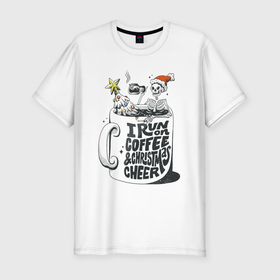 Мужская футболка хлопок Slim с принтом Coffee Christmas Skeleton в Белгороде, 92% хлопок, 8% лайкра | приталенный силуэт, круглый вырез ворота, длина до линии бедра, короткий рукав | art | christmas | coffee | drawing | new year | skeleton | star | tree | арт | бокал | елка | звезда | кофе | новый год | рисунок | рождество | скелет | стакан