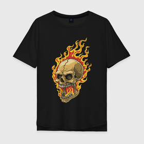 Мужская футболка хлопок Oversize с принтом Горящий кульный череп в Тюмени, 100% хлопок | свободный крой, круглый ворот, “спинка” длиннее передней части | fire | flame | hype | jaw | skuul | teeth | зубы | огонь | пасть | пламя | хайп | череп