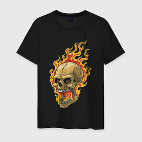 Мужская футболка хлопок с принтом Горящий кульный череп в Новосибирске, 100% хлопок | прямой крой, круглый вырез горловины, длина до линии бедер, слегка спущенное плечо. | fire | flame | hype | jaw | skuul | teeth | зубы | огонь | пасть | пламя | хайп | череп