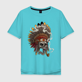 Мужская футболка хлопок Oversize с принтом Череп вождя , 100% хлопок | свободный крой, круглый ворот, “спинка” длиннее передней части | chief | feathers | indian | skull | smoke | smoking pipe | вождь | дым | индеец | перья | трубка | череп
