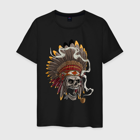 Мужская футболка хлопок с принтом Череп вождя в Тюмени, 100% хлопок | прямой крой, круглый вырез горловины, длина до линии бедер, слегка спущенное плечо. | chief | feathers | indian | skull | smoke | smoking pipe | вождь | дым | индеец | перья | трубка | череп