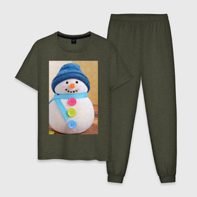 Мужская пижама хлопок с принтом Счастливый снеговичок в Екатеринбурге, 100% хлопок | брюки и футболка прямого кроя, без карманов, на брюках мягкая резинка на поясе и по низу штанин
 | детство | зима 2022 | новый год | праздник | радость | снеговик | счастье