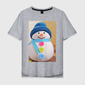 Мужская футболка хлопок Oversize с принтом Счастливый снеговичок в Тюмени, 100% хлопок | свободный крой, круглый ворот, “спинка” длиннее передней части | детство | зима 2022 | новый год | праздник | радость | снеговик | счастье