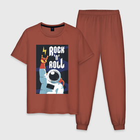 Мужская пижама хлопок с принтом Space Rocknroll в Курске, 100% хлопок | брюки и футболка прямого кроя, без карманов, на брюках мягкая резинка на поясе и по низу штанин
 | astronaut | gesture | music | rocknroll | space | spacesuit | жест | космонавт | космос | музыка | скафандр