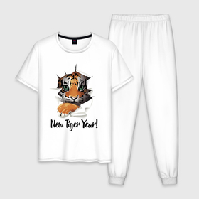 Мужская пижама хлопок с принтом New Tiger Year в Тюмени, 100% хлопок | брюки и футболка прямого кроя, без карманов, на брюках мягкая резинка на поясе и по низу штанин
 | eyes | holiday | muzzle | new year | paws | tiger | глаза | лапы | мордочка | новый год | праздник | тигрёнок