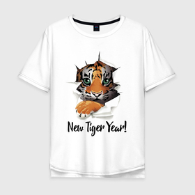 Мужская футболка хлопок Oversize с принтом New Tiger Year в Тюмени, 100% хлопок | свободный крой, круглый ворот, “спинка” длиннее передней части | Тематика изображения на принте: eyes | holiday | muzzle | new year | paws | tiger | глаза | лапы | мордочка | новый год | праздник | тигрёнок