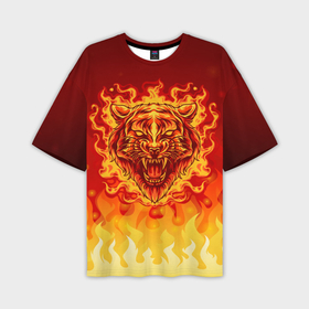 Мужская футболка OVERSIZE 3D с принтом Огненный тигр в пламени в Петрозаводске,  |  | огонь | пламя | символ года | тигр | хищник