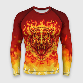Мужской рашгард 3D с принтом Огненный тигр в пламени в Новосибирске,  |  | Тематика изображения на принте: огонь | пламя | символ года | тигр | хищник
