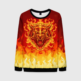 Мужской свитшот 3D с принтом Огненный тигр в пламени в Тюмени, 100% полиэстер с мягким внутренним слоем | круглый вырез горловины, мягкая резинка на манжетах и поясе, свободная посадка по фигуре | огонь | пламя | символ года | тигр | хищник