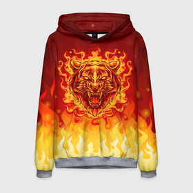Мужская толстовка 3D с принтом Огненный тигр в пламени в Новосибирске, 100% полиэстер | двухслойный капюшон со шнурком для регулировки, мягкие манжеты на рукавах и по низу толстовки, спереди карман-кенгуру с мягким внутренним слоем. | огонь | пламя | символ года | тигр | хищник