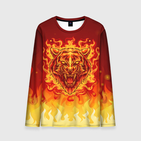 Мужской лонгслив 3D с принтом Огненный тигр в пламени в Петрозаводске, 100% полиэстер | длинные рукава, круглый вырез горловины, полуприлегающий силуэт | огонь | пламя | символ года | тигр | хищник