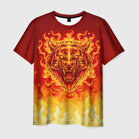 Мужская футболка 3D с принтом Огненный тигр в пламени в Белгороде, 100% полиэфир | прямой крой, круглый вырез горловины, длина до линии бедер | огонь | пламя | символ года | тигр | хищник