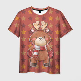 Мужская футболка 3D с принтом Милый олень в звездах , 100% полиэфир | прямой крой, круглый вырез горловины, длина до линии бедер | животное | звезды | олень | олень в шарфе | рога