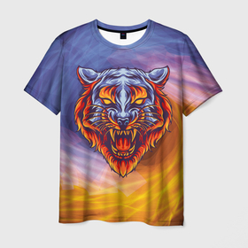 Мужская футболка 3D с принтом Тигр в водно-огненной стихии в Петрозаводске, 100% полиэфир | прямой крой, круглый вырез горловины, длина до линии бедер | вода | огонь | символ года | стихия | тигр | хищник