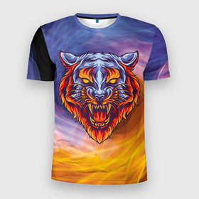 Мужская футболка 3D спортивная с принтом Тигр в водно-огненной стихии , 100% полиэстер с улучшенными характеристиками | приталенный силуэт, круглая горловина, широкие плечи, сужается к линии бедра | вода | огонь | символ года | стихия | тигр | хищник