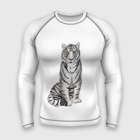 Мужской рашгард 3D с принтом Сидящая белая тигрица в Тюмени,  |  | tiger | tigress | white tiger | белый тигр | символ 2022 | тигр сидит | тигрца