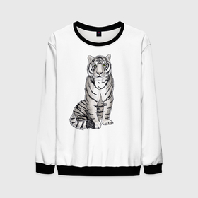 Мужской свитшот 3D с принтом Сидящая белая тигрица в Новосибирске, 100% полиэстер с мягким внутренним слоем | круглый вырез горловины, мягкая резинка на манжетах и поясе, свободная посадка по фигуре | tiger | tigress | white tiger | белый тигр | символ 2022 | тигр сидит | тигрца