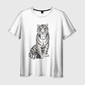 Мужская футболка 3D с принтом Сидящая белая тигрица в Новосибирске, 100% полиэфир | прямой крой, круглый вырез горловины, длина до линии бедер | tiger | tigress | white tiger | белый тигр | символ 2022 | тигр сидит | тигрца