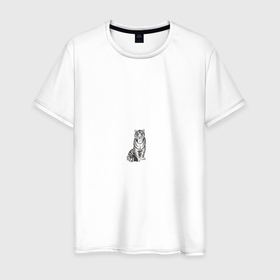 Мужская футболка хлопок с принтом Сидящая белая тигрица в Тюмени, 100% хлопок | прямой крой, круглый вырез горловины, длина до линии бедер, слегка спущенное плечо. | tiger | tigress | white tiger | белый тигр | символ 2022 | тигр сидит | тигрца