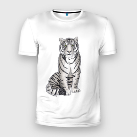 Мужская футболка 3D Slim с принтом Сидящая белая тигрица в Кировске, 100% полиэстер с улучшенными характеристиками | приталенный силуэт, круглая горловина, широкие плечи, сужается к линии бедра | tiger | tigress | white tiger | белый тигр | символ 2022 | тигр сидит | тигрца