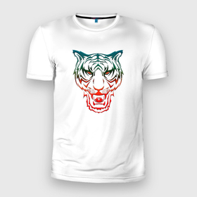 Мужская футболка 3D Slim с принтом Тигр. Символ 2022 года. в Белгороде, 100% полиэстер с улучшенными характеристиками | приталенный силуэт, круглая горловина, широкие плечи, сужается к линии бедра | 2022 | белый | белый тигр | большая кошка | гато | глаза | дикая | животное | зверь | клыки | король | кошка | кошки | лев | лицо | львёнок | львица | пантера | пасть | портрет | разноцветный | рыч | символ