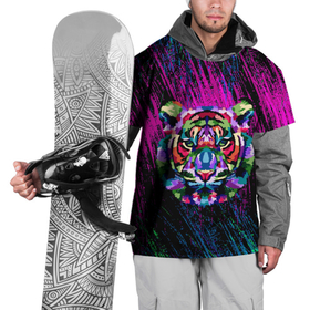 Накидка на куртку 3D с принтом Тигр Красочный 2022 в Екатеринбурге, 100% полиэстер |  | Тематика изображения на принте: арт | брызги | голова | грива | кляксы | кошка | краски | неон | тигр | царапины | шерсть