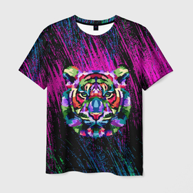 Мужская футболка 3D с принтом Тигр Красочный 2022 в Белгороде, 100% полиэфир | прямой крой, круглый вырез горловины, длина до линии бедер | Тематика изображения на принте: арт | брызги | голова | грива | кляксы | кошка | краски | неон | тигр | царапины | шерсть