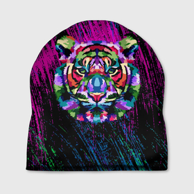 Шапка 3D с принтом Тигр Красочный 2022 в Тюмени, 100% полиэстер | универсальный размер, печать по всей поверхности изделия | арт | брызги | голова | грива | кляксы | кошка | краски | неон | тигр | царапины | шерсть