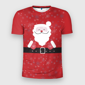 Мужская футболка 3D Slim с принтом Санта Клаус со  снежинками. в Новосибирске, 100% полиэстер с улучшенными характеристиками | приталенный силуэт, круглая горловина, широкие плечи, сужается к линии бедра | Тематика изображения на принте: 2022 | happy new year | merry christmas | santa | год тигра | зима близко | нг | новогодний | новый год | новый год 2022 | рождество | санта | снежинки