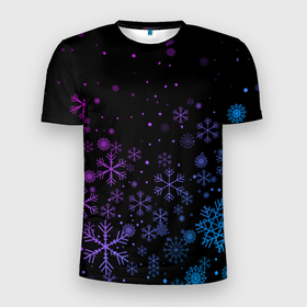 Мужская футболка 3D Slim с принтом Новогодние снежинки. Градиент. в Новосибирске, 100% полиэстер с улучшенными характеристиками | приталенный силуэт, круглая горловина, широкие плечи, сужается к линии бедра | 2022 | happy new year | merry christmas | год тигра | зима близко | нг | новогодний | новый год | новый год 2022 | рождество | символ 2022 года | снег | снежинки