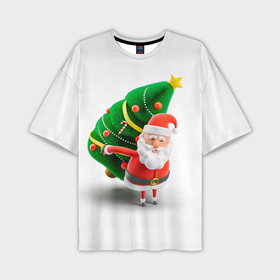 Мужская футболка OVERSIZE 3D с принтом Дед мороз с елкой ,  |  | веселый дед мороз | дед мороз | елка | новый год | санта клаус