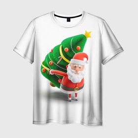 Мужская футболка 3D с принтом Дед мороз с елкой , 100% полиэфир | прямой крой, круглый вырез горловины, длина до линии бедер | веселый дед мороз | дед мороз | елка | новый год | санта клаус