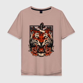 Мужская футболка хлопок Oversize с принтом Японский дерзкий тигр в Новосибирске, 100% хлопок | свободный крой, круглый ворот, “спинка” длиннее передней части | 2022 год | tigr | toger | год тигра | новый год 2022 | новый год тигра | тигр | тигра | тигрёнок