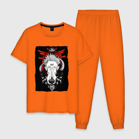 Мужская пижама хлопок с принтом ЗАКЛИНАНИЕ ИТАДОРИ, СУКУНА в Белгороде, 100% хлопок | брюки и футболка прямого кроя, без карманов, на брюках мягкая резинка на поясе и по низу штанин
 | Тематика изображения на принте: anime | japan | japanese | jujutsu | jujutsu kaisen | kaisen | sukuna | tattoo | аниме | двуликий призрак | иероглифы | инумаки | итадори | итадори юдзи | магическая битва | нобара | панда | рёмен | рёмен сукуна | сатору | сукуна